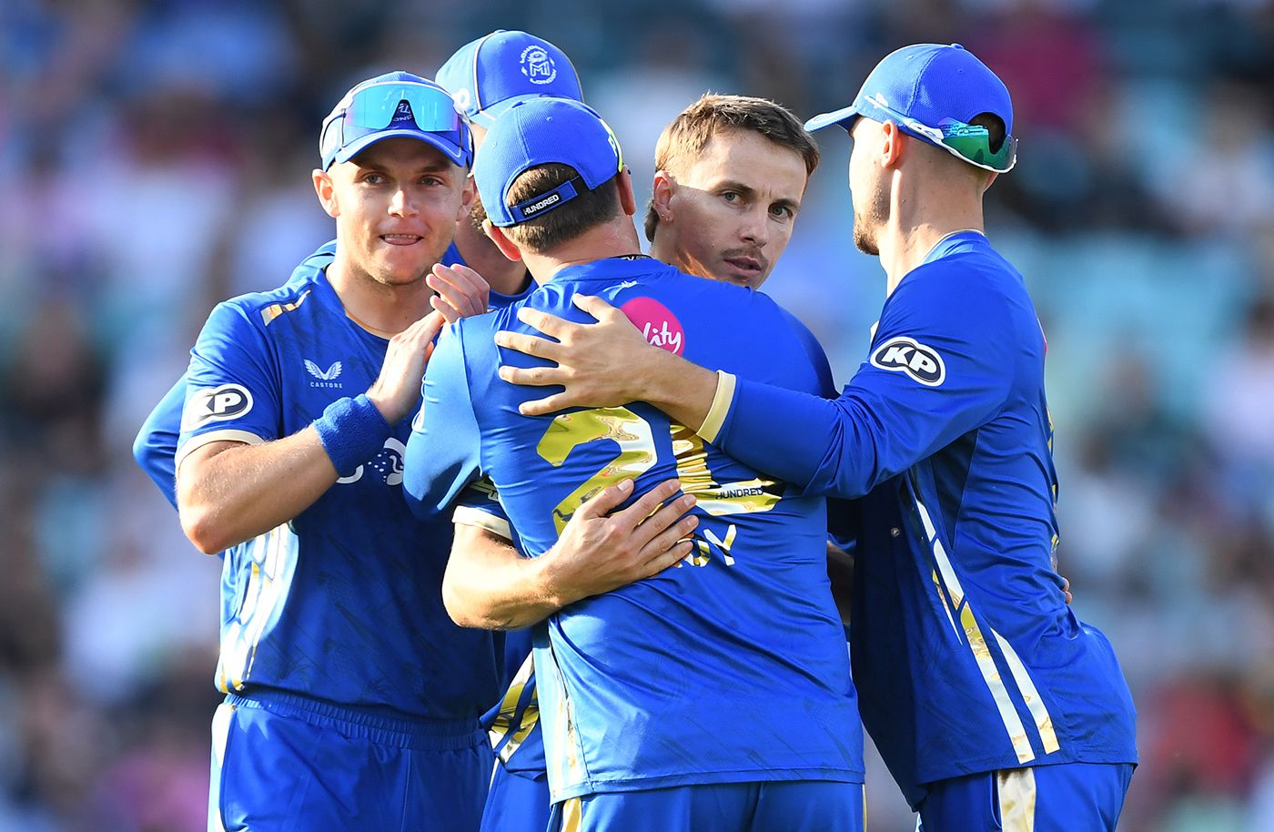 Sam and Tom Curran celebrate a wicket for MI London