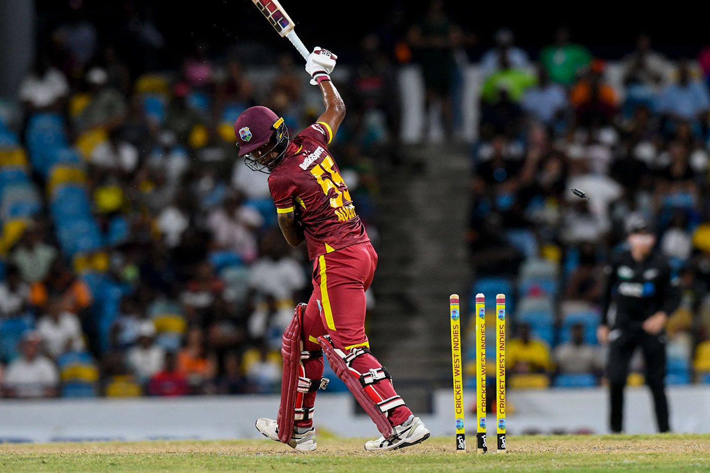 Ackeem Auguste was bowled after giving West Indies a rapid start