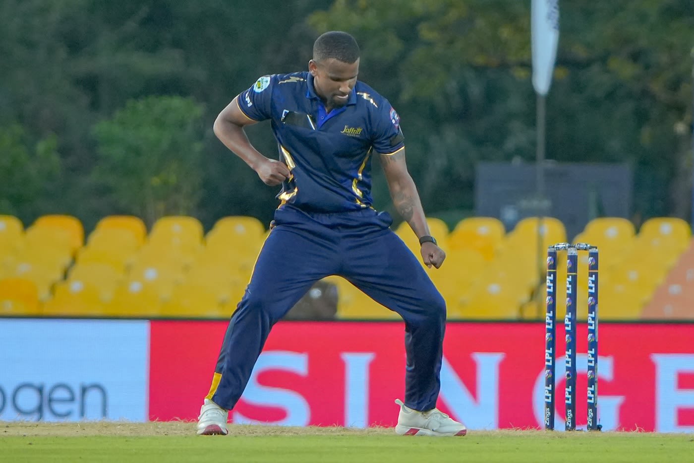 Jaffna Kings' Lizaad Williams celebrates a wicket