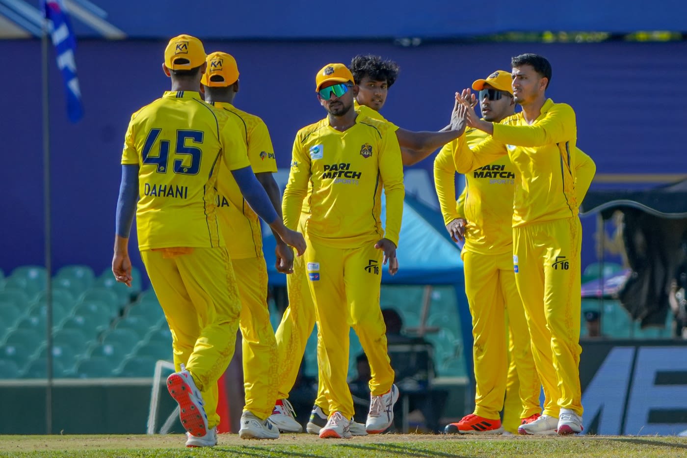 Mujeeb ur Rahman celebrates with his Colombo Kaps team-mates