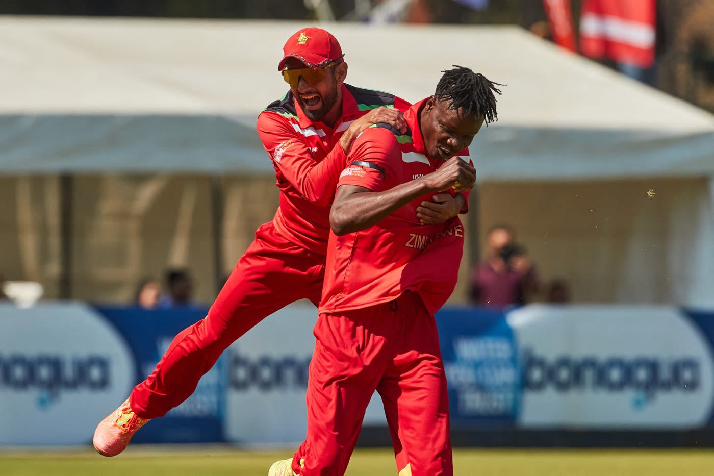 Sikandar Raza and Blessing Muzarabani celebrate Vaibhav Sooryavanshi's wicket