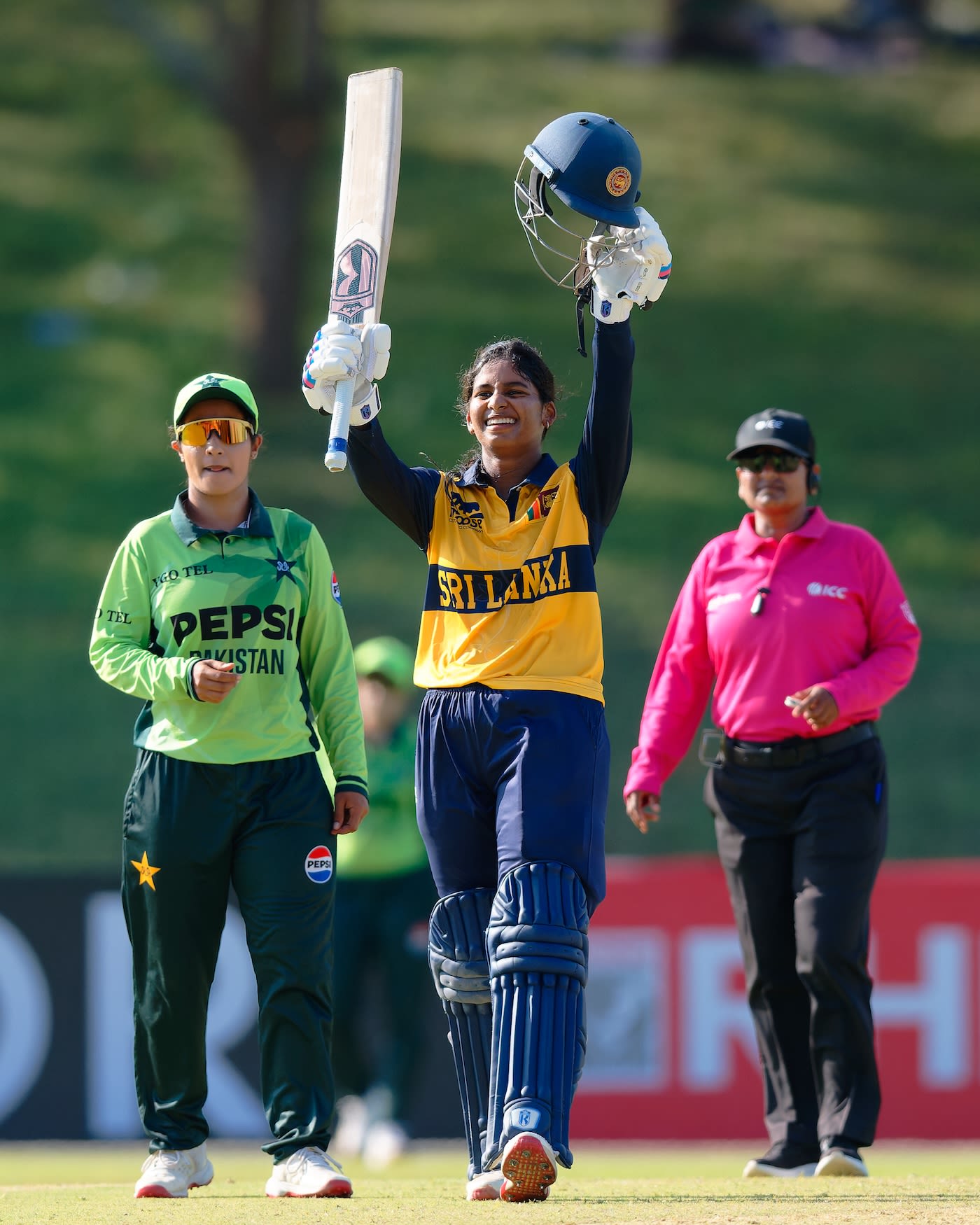 Vishmi Gunaratne was all smiles after reaching her hundred