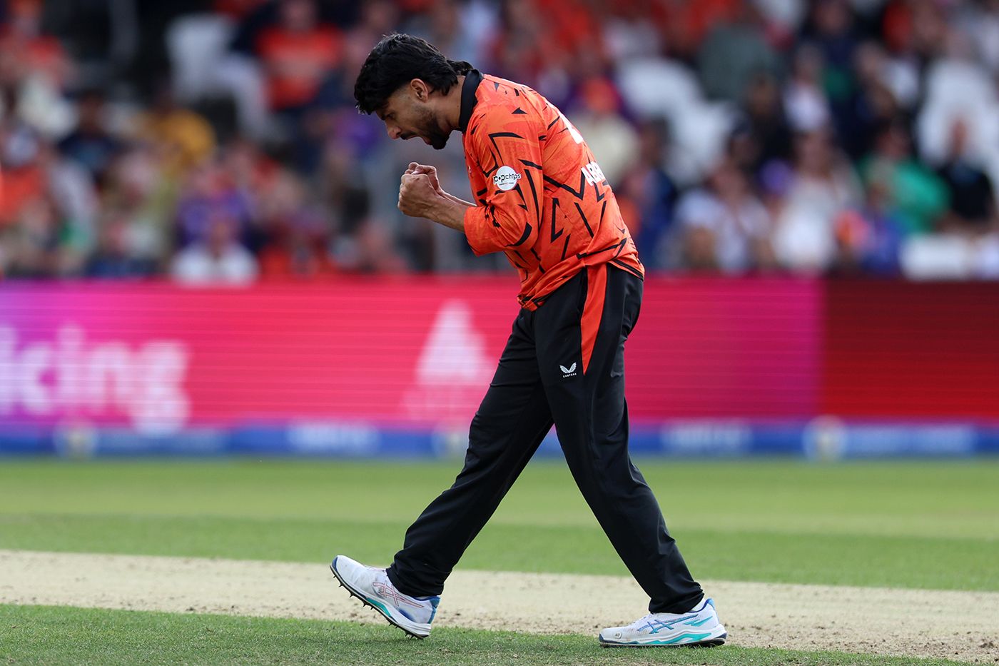 Abrar Ahmed celebrates a breakthrough