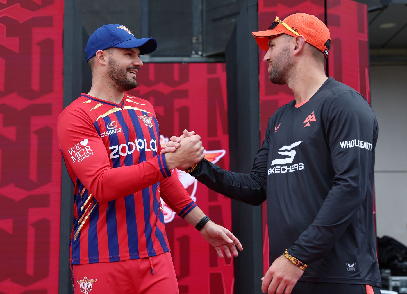 Aiden Markram and Donovan Ferreira shake hands at the toss