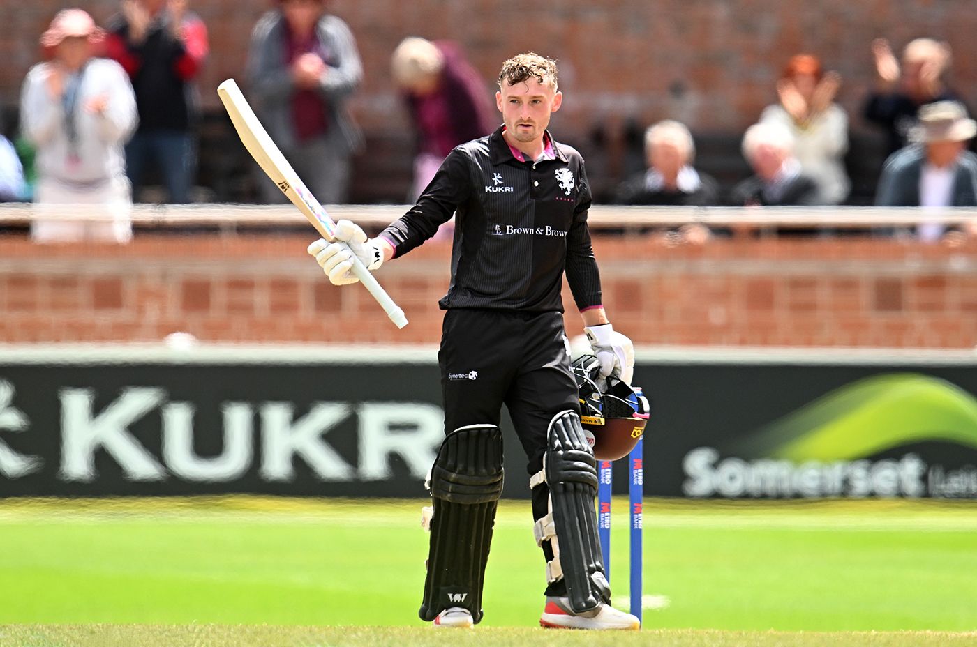 Lewis Goldsworthy takes the applause for his hundred