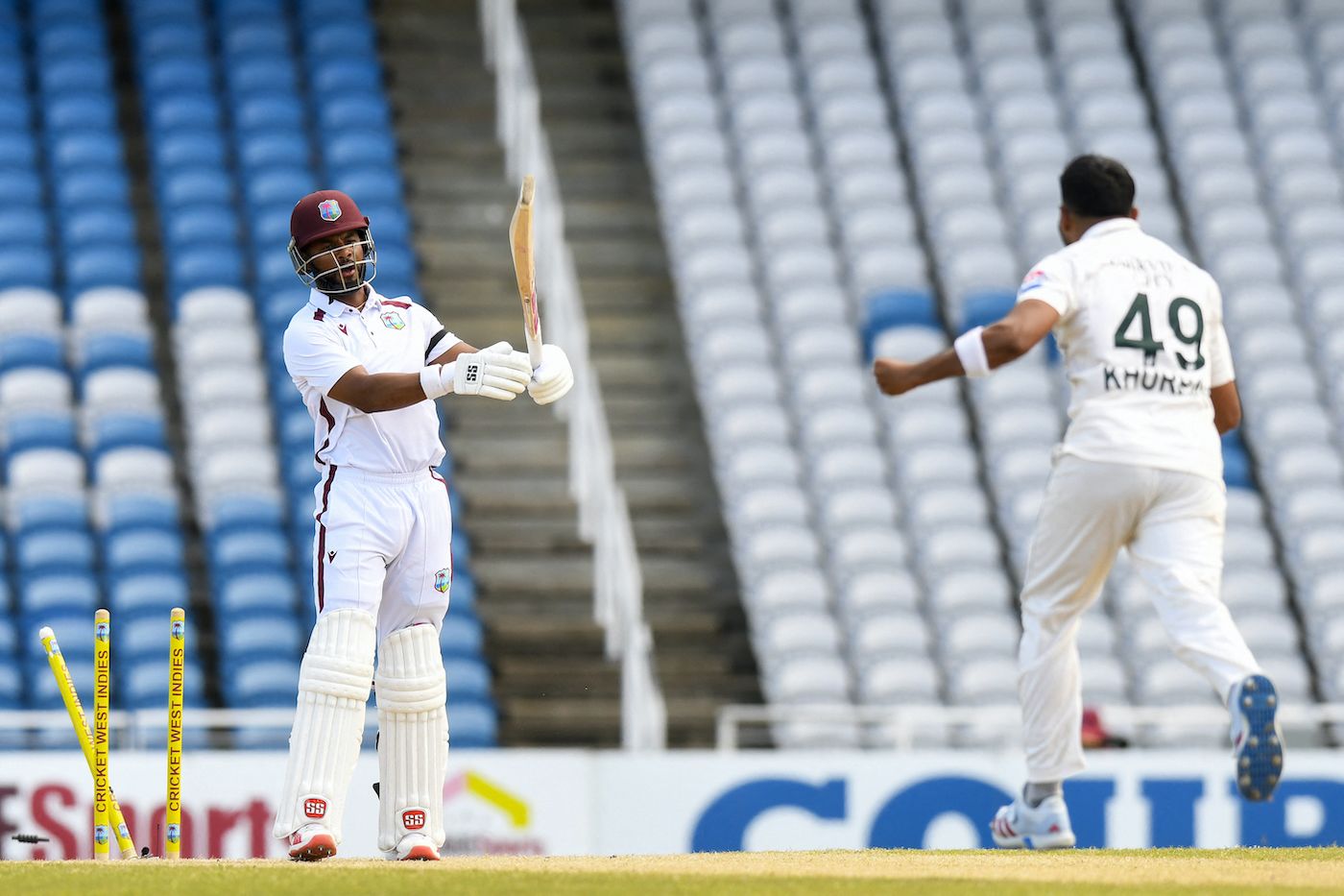 Shai Hope's attempt to counterattack against Khurram Shahzad led to an ungainly dismissal