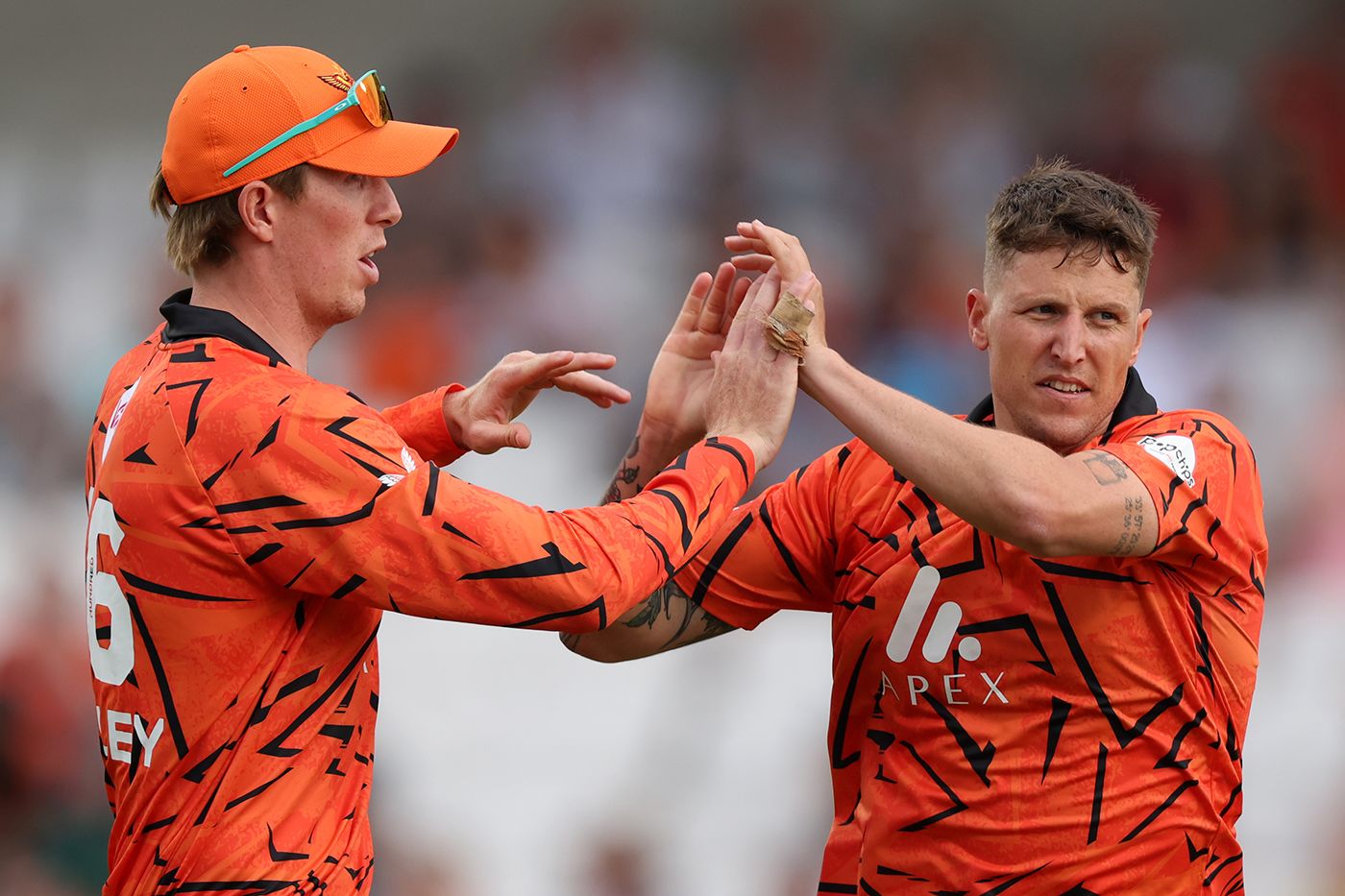 Zak Crawley congratulates Brydon Carse on a wicket