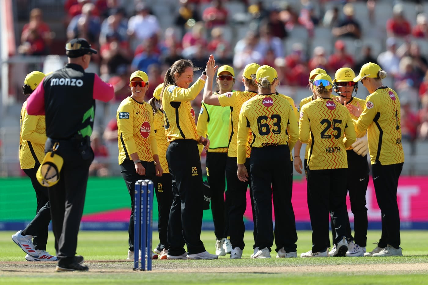 Samantha Bates celebrates after getting rid of Smriti Mandhana