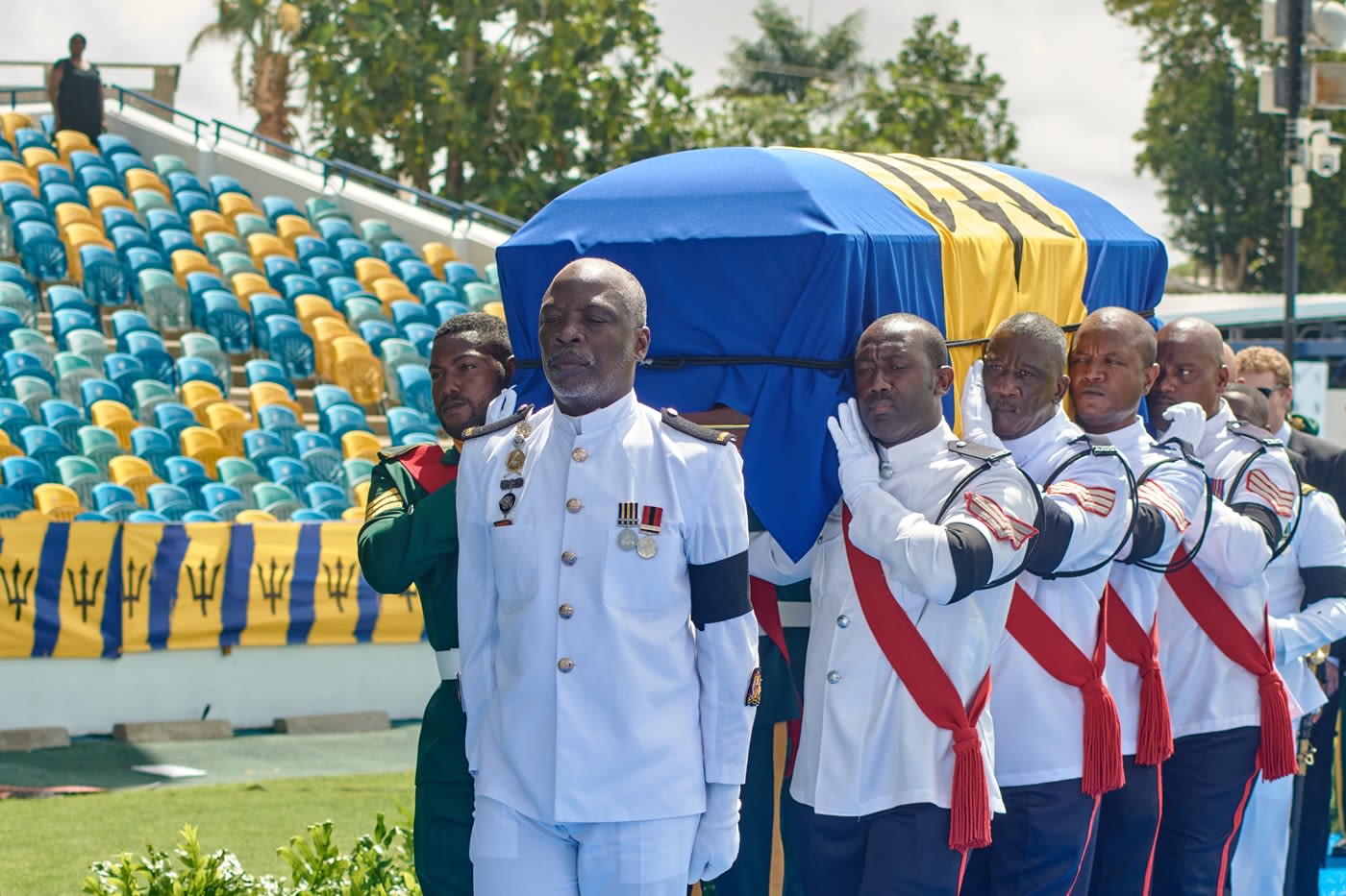 Members of the Barbados honour guard carry Garry Sobers' coffin at his funeral