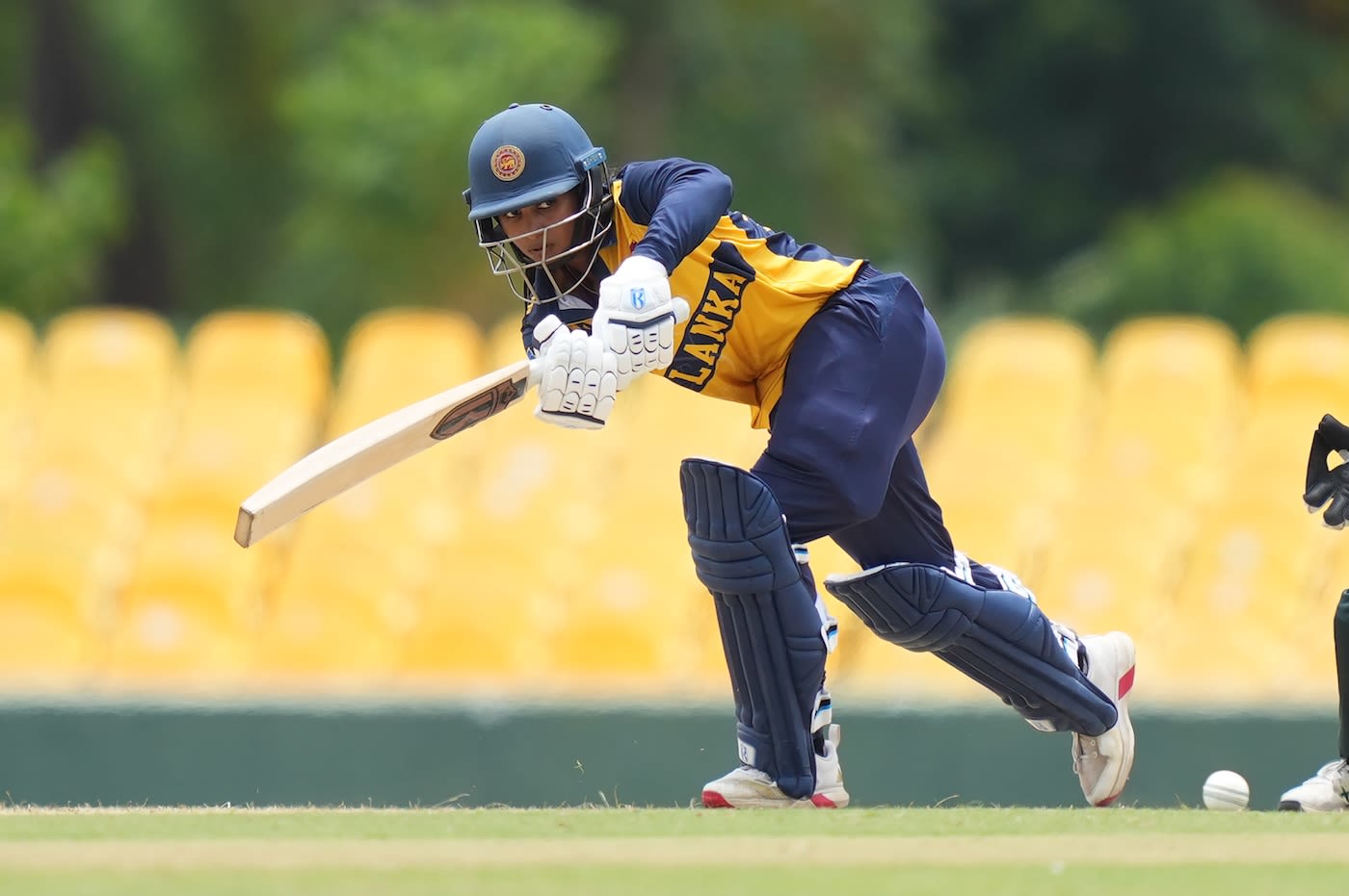 Vishmi Gunaratne taps the ball to the leg side