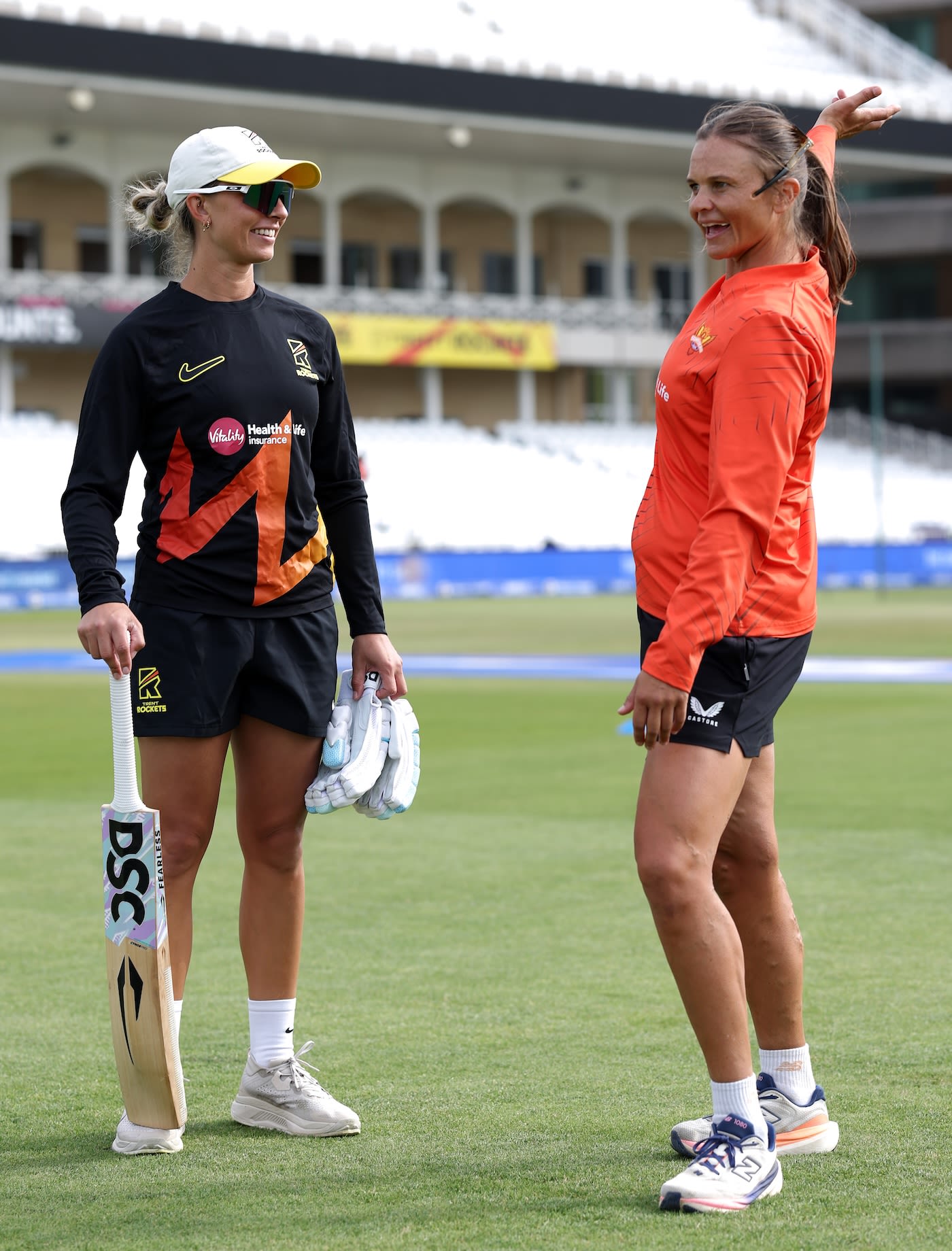 Ash Gardner and Suzie Bates catch up before the game