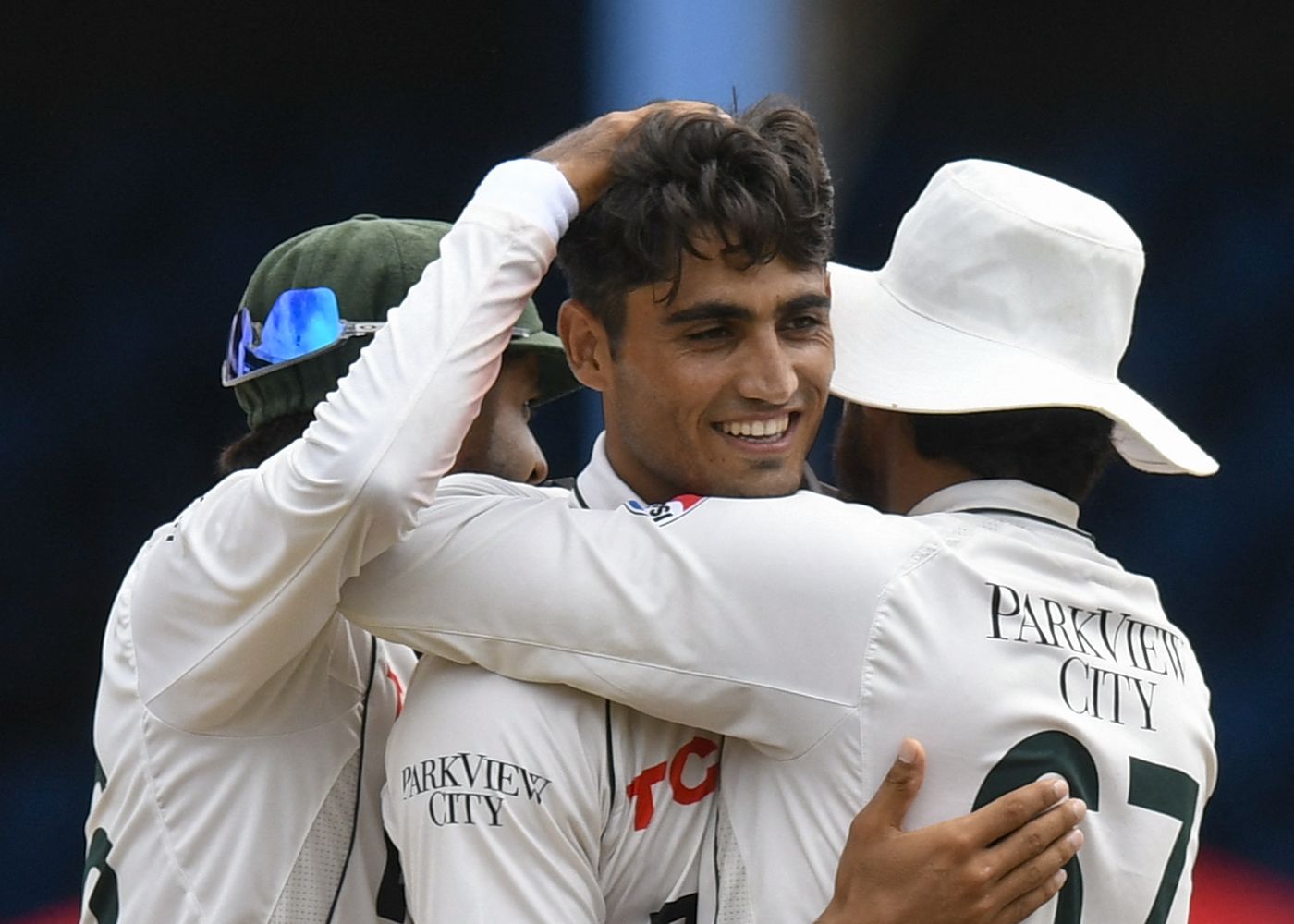 Ubaid Shah celebrates his first Test wicket