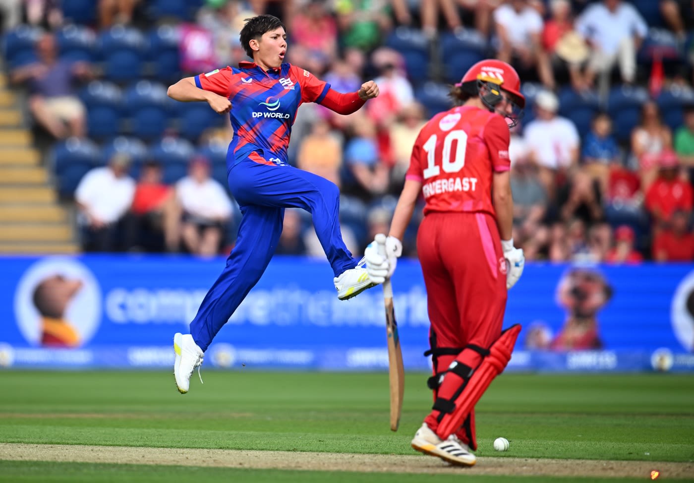 Issy Wong is pumped after bowling Orla Prendergast