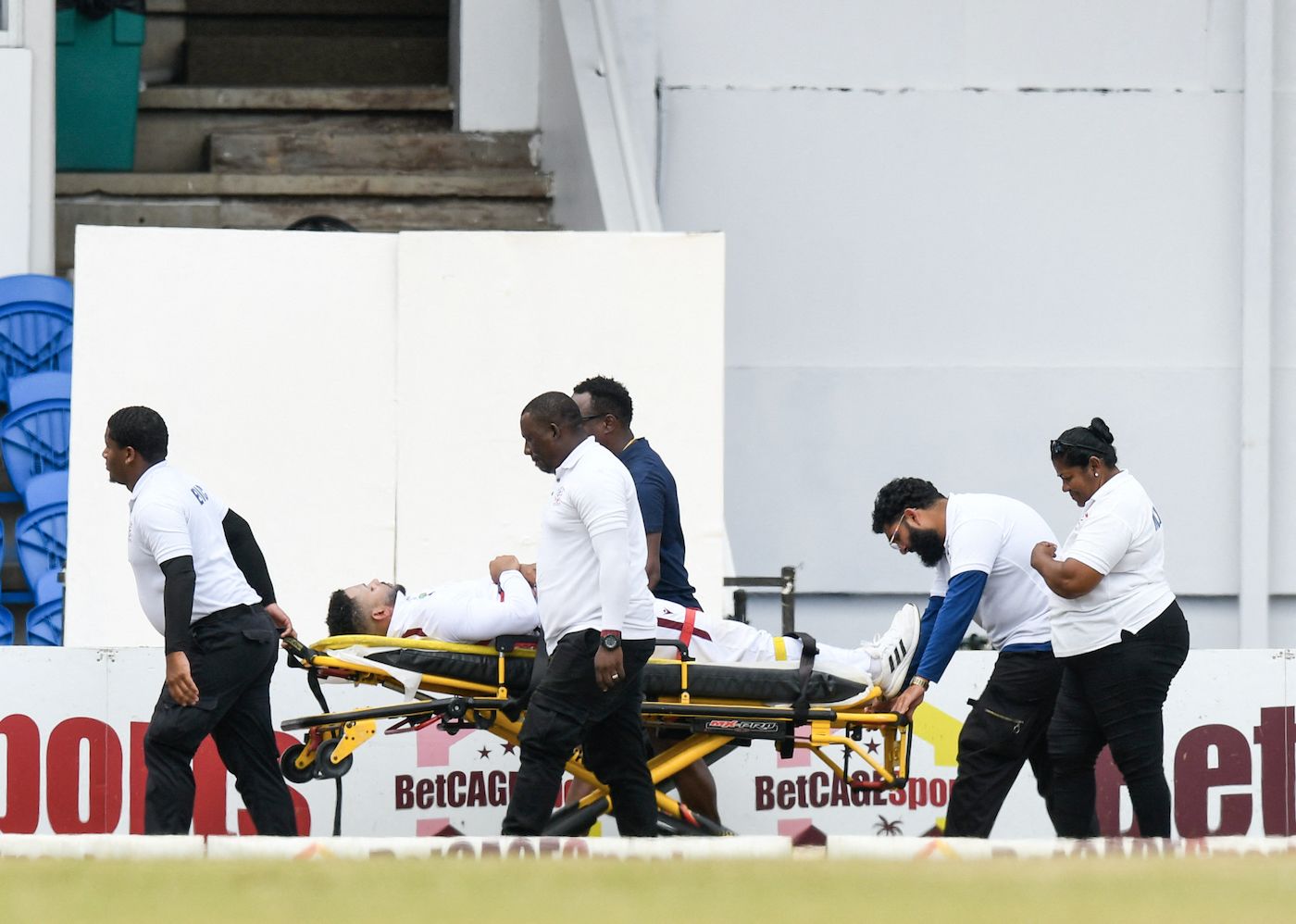 Brandon King was stretchered off after running out Babar Azam