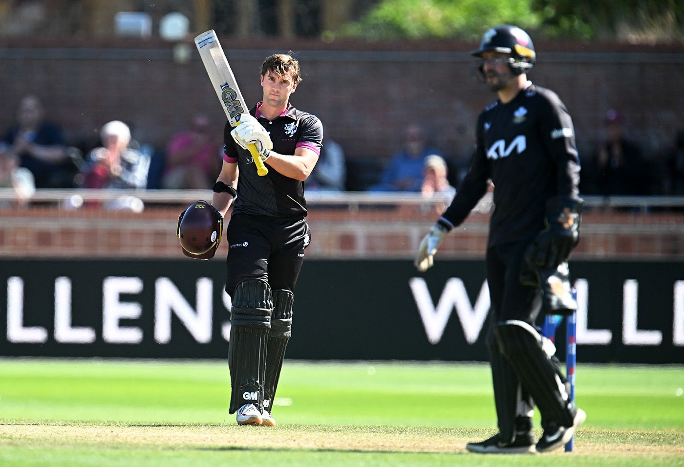 Tom Lammonby acknowledges the Taunton crowd after going to his third List-A hundred
