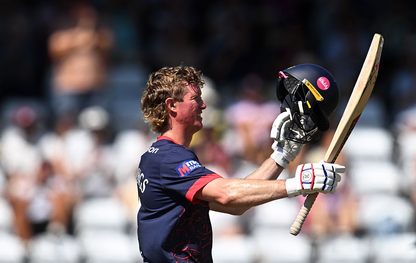 Keaton Jennings celebrates his hundred