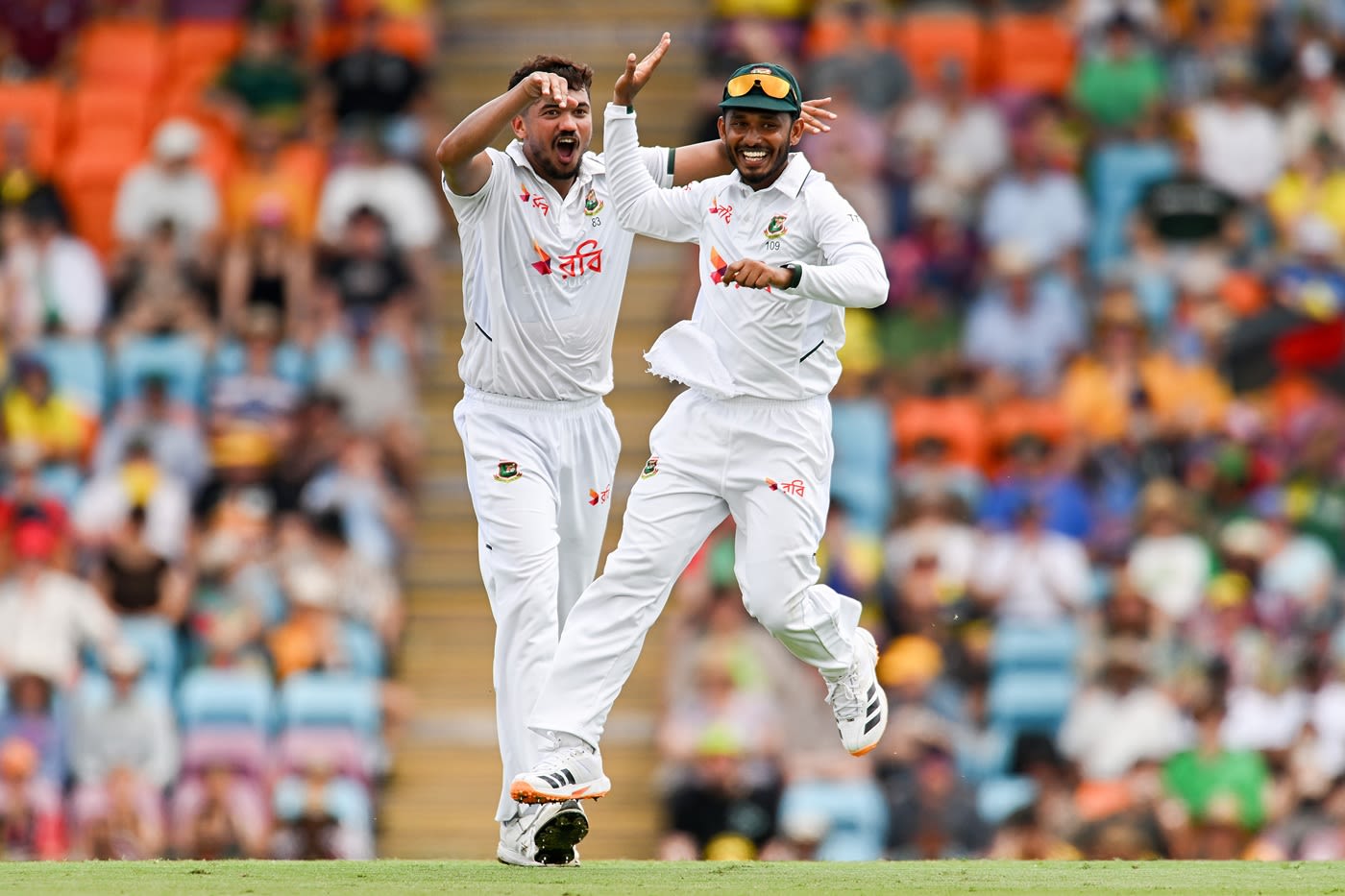 Taskin Ahmed in glee alongside Tanzid Hasan after sending Cameron Green packing