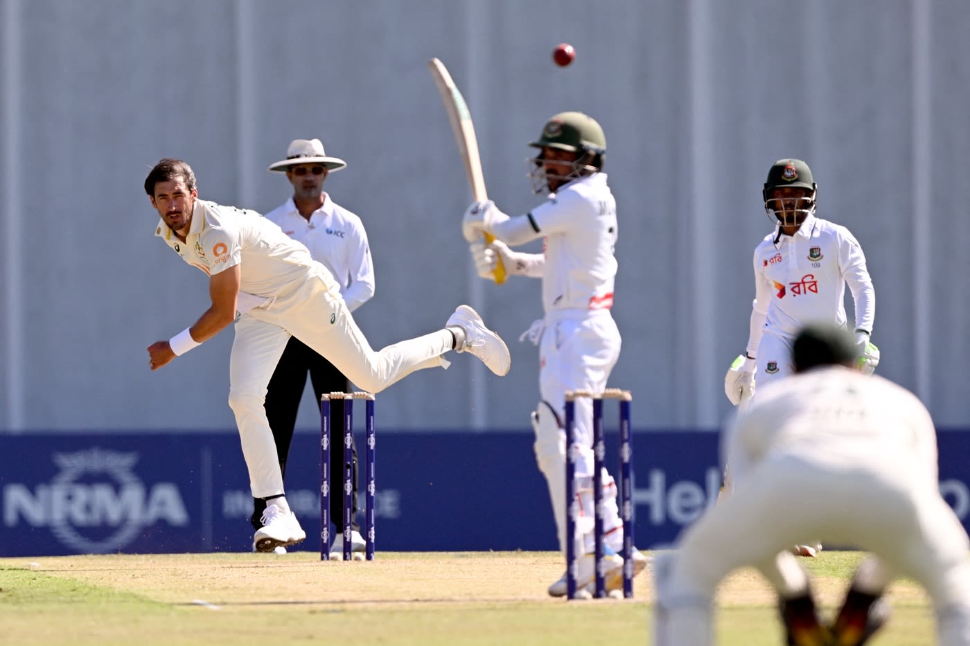 Mitchell Starc delivers a bouncer to Mominul Haque