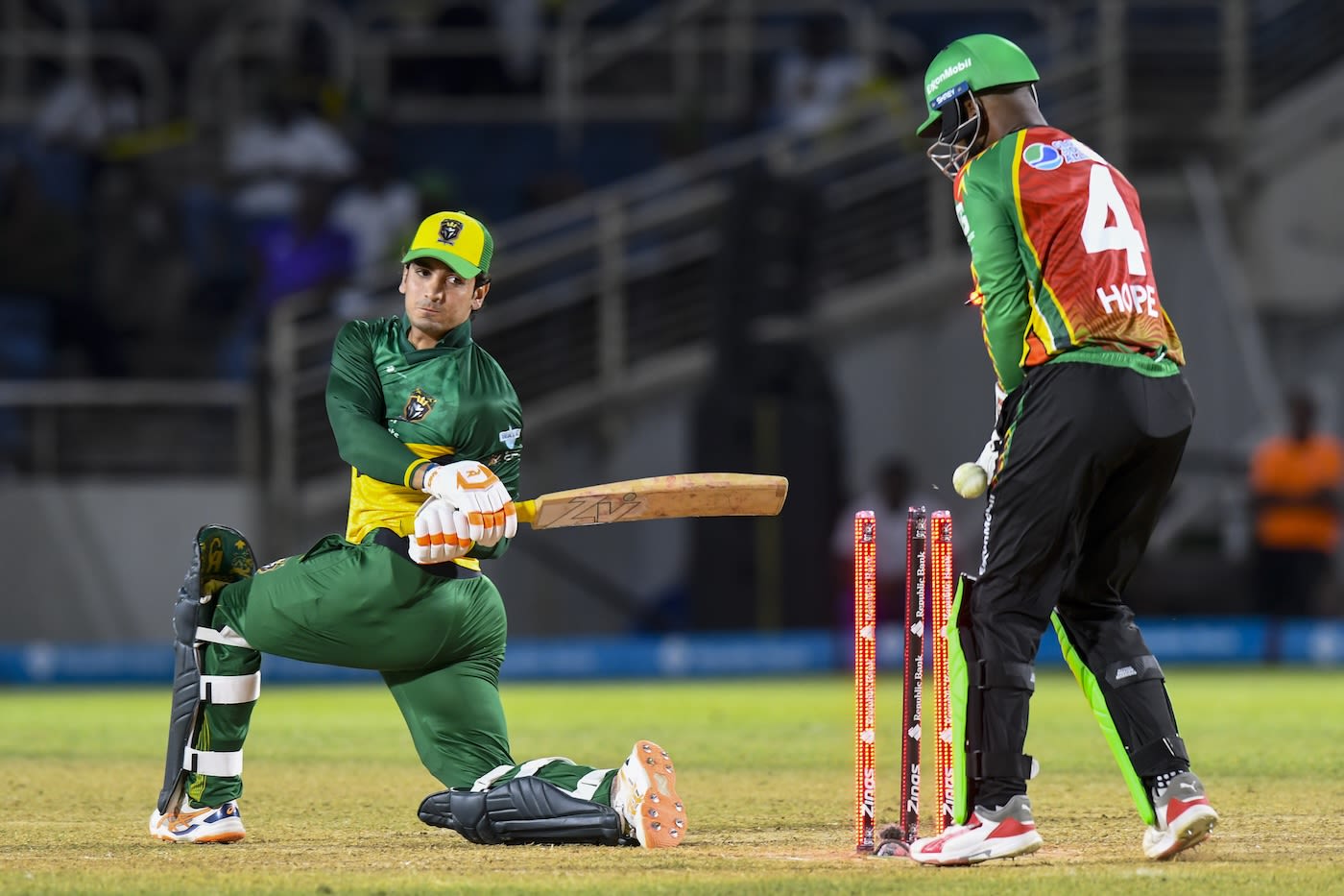 Hunain Shah loses his stumps to Mohammad Nabi
