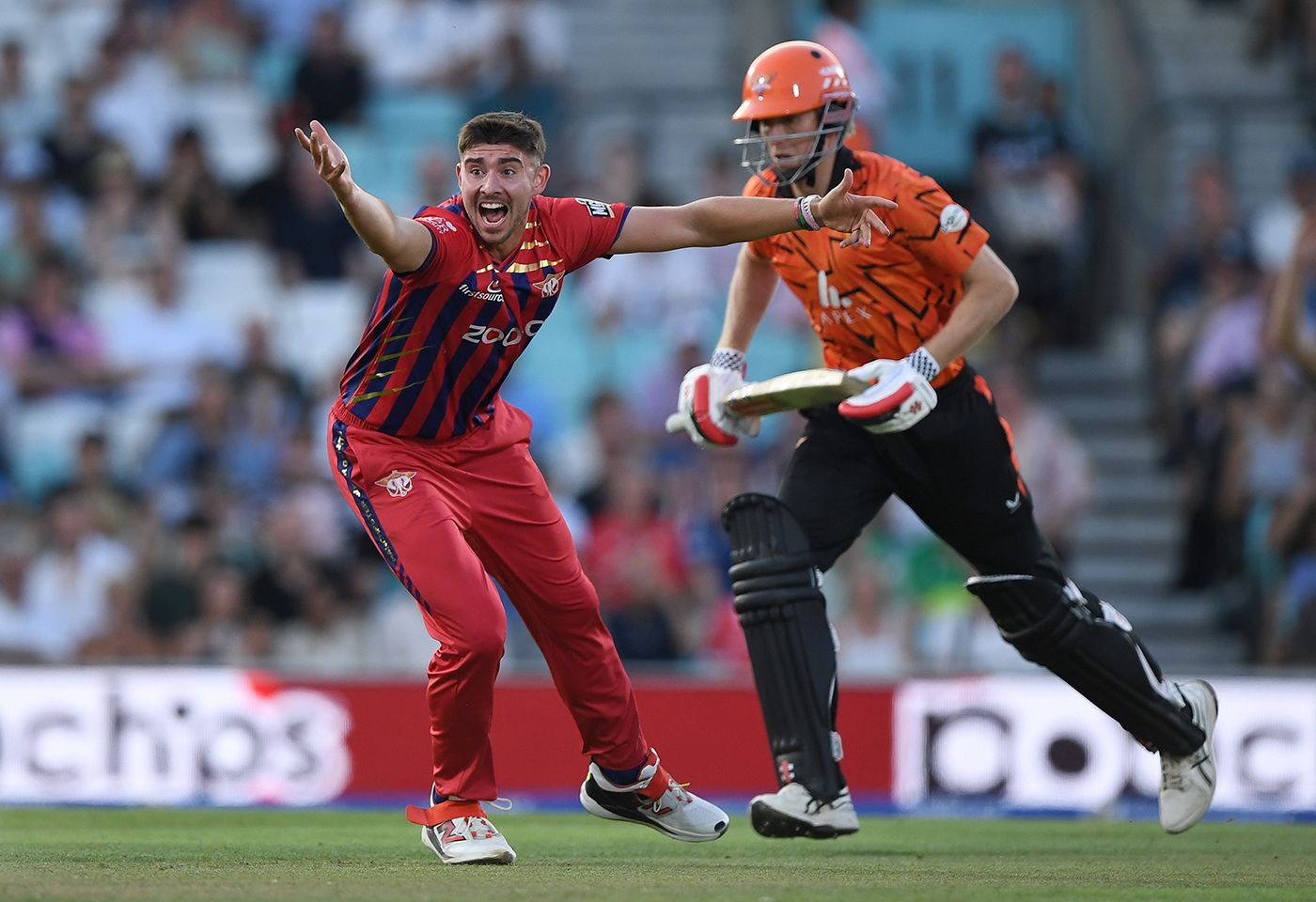 Josh Tongue pleads successfully for an lbw decision against Zak Crawley