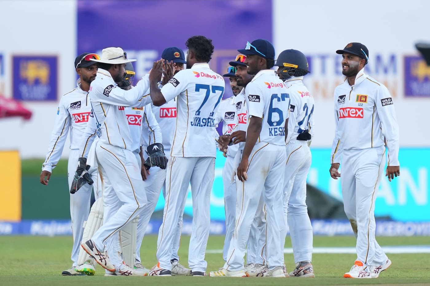 Prabath Jaysuriya celebrates the wicket of Shubman Gill with his team-mates