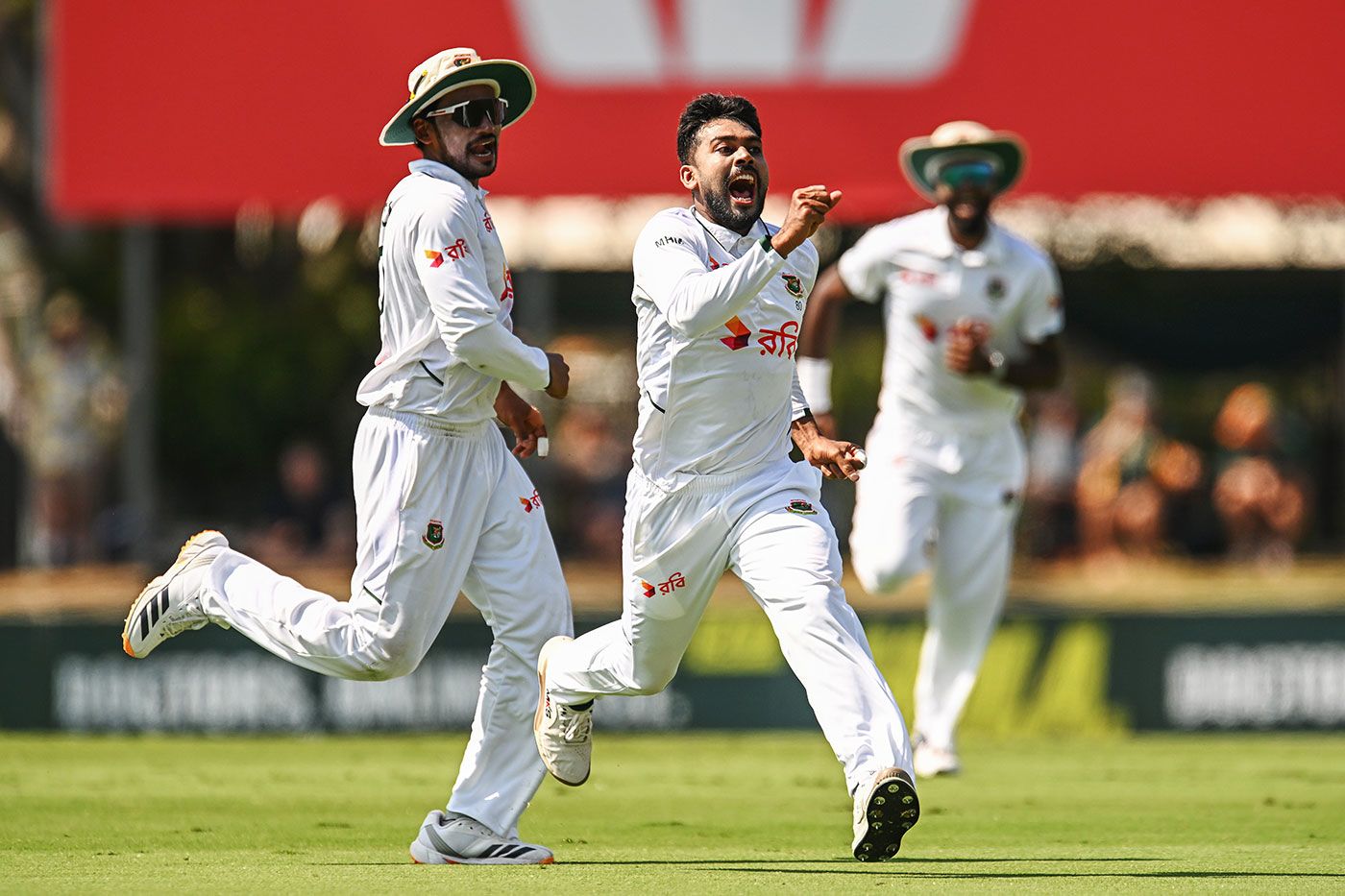 Mehidy Hasan Miraz celebrates the wicket of Beau Webster