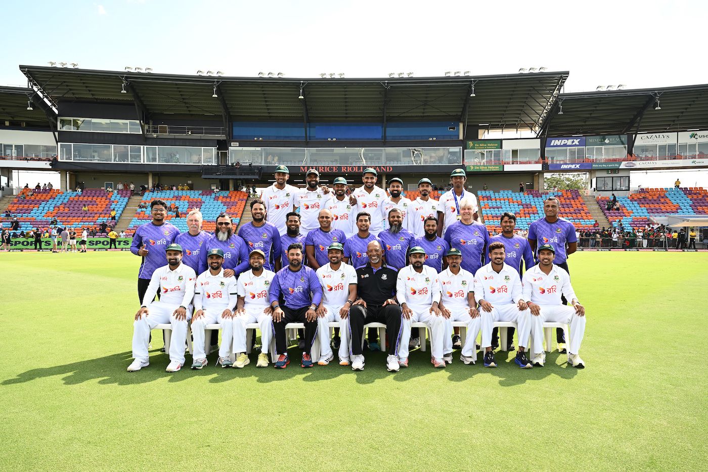 The Bangladesh team, led by Najmul Hossain Shanto, and support staff that were part of their first Test win in Australia