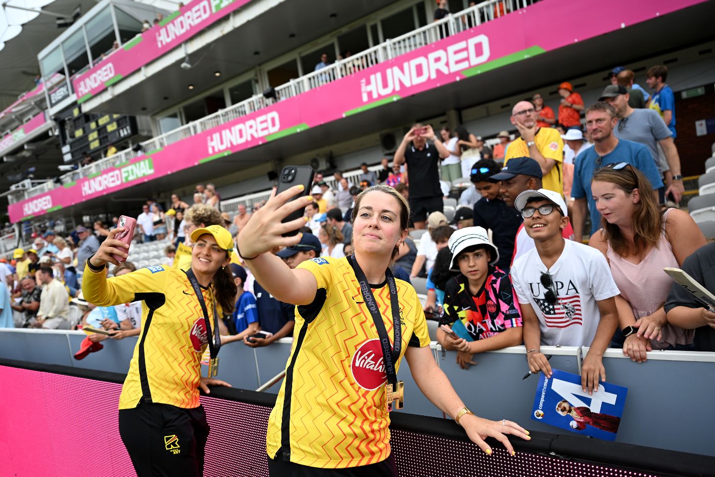 Katie Levick poses for a selfie after winning the Hundred final with Trent Rockets