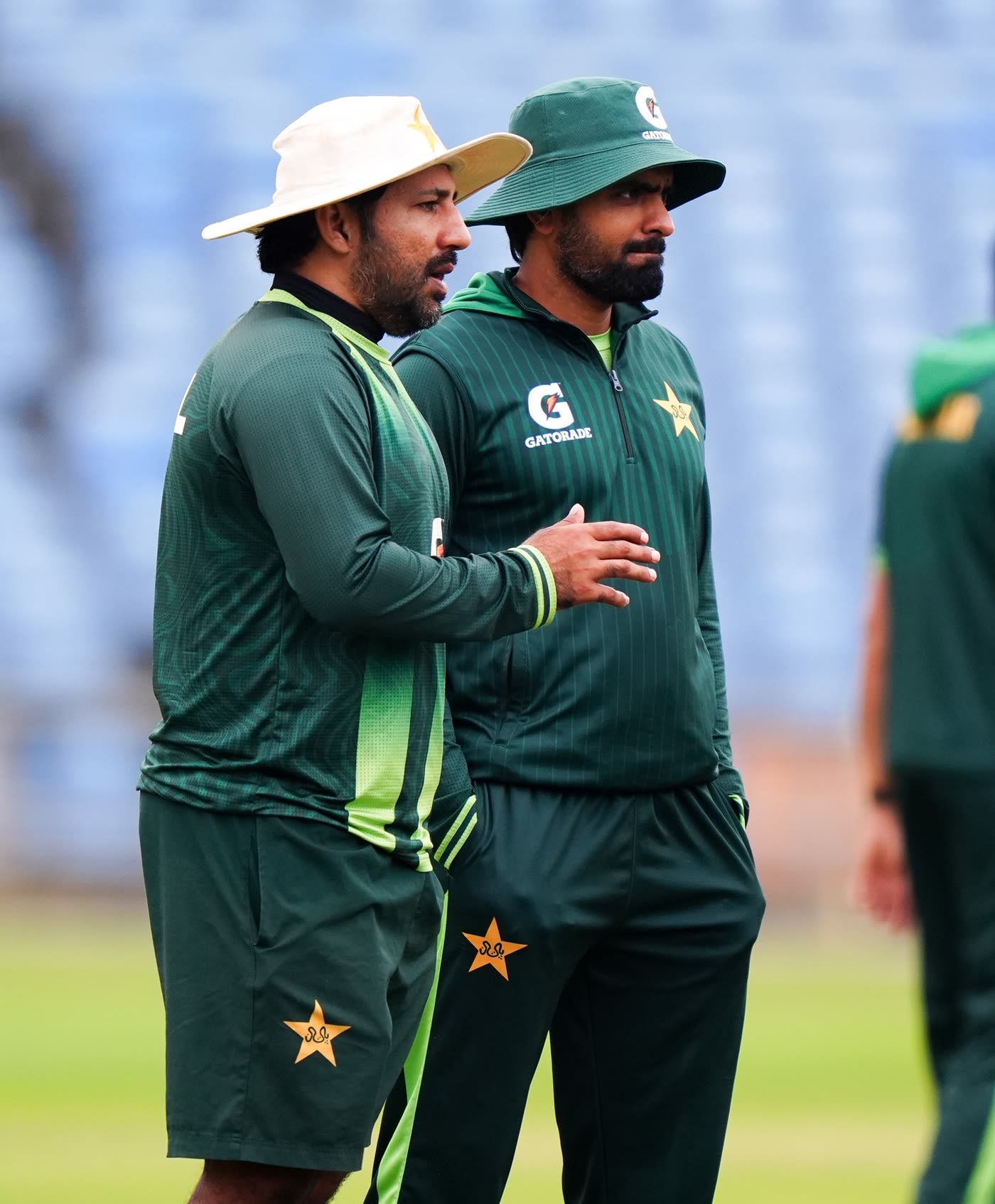 Pakistan head coach Sarfaraz Ahmed and captain Babar Azam look on