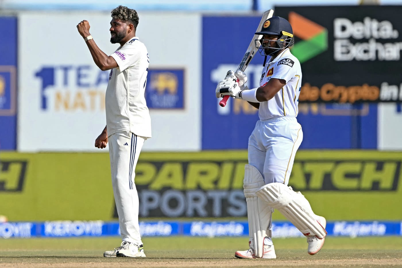 Mohammed Siraj celebrates the wicket of Nishan Fernando