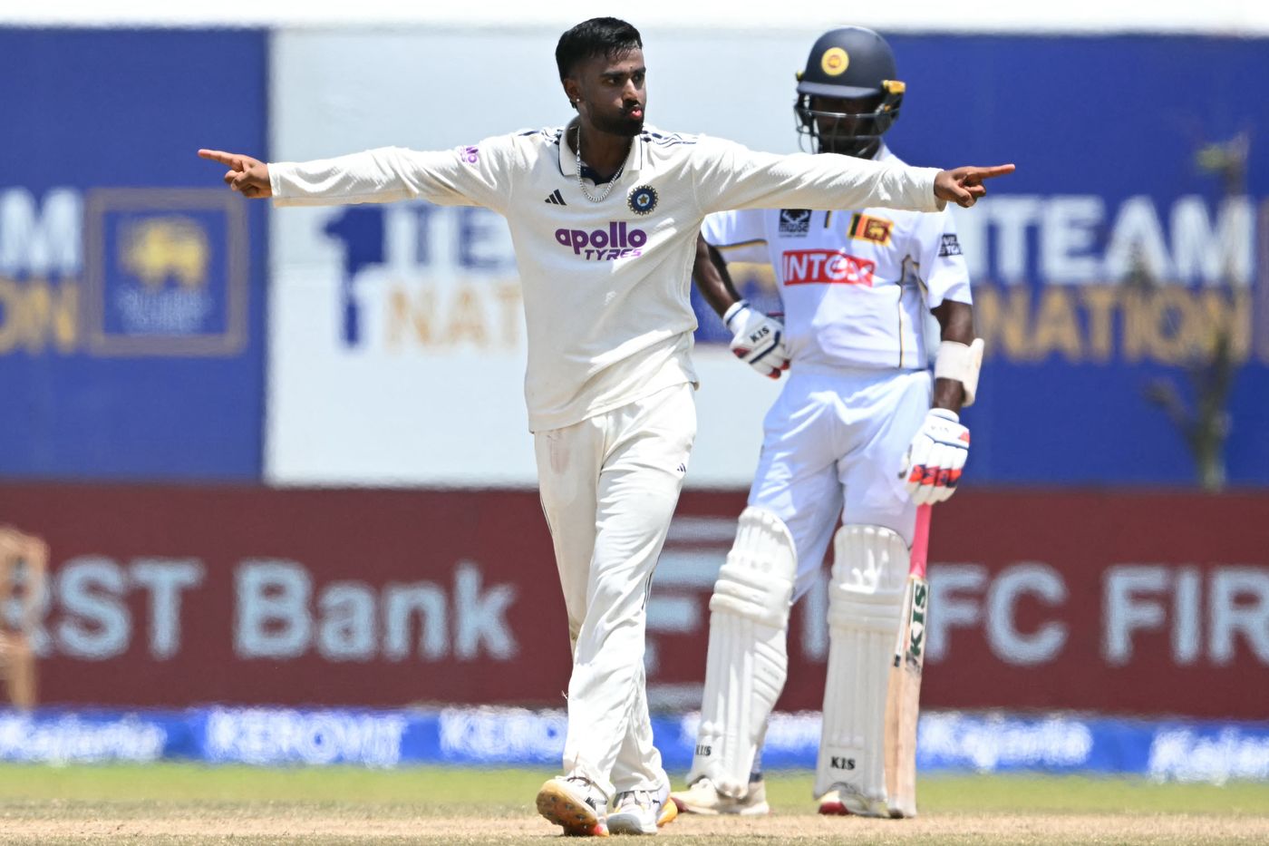 Manav Suthar celebrates another wicket in a productive Test for him