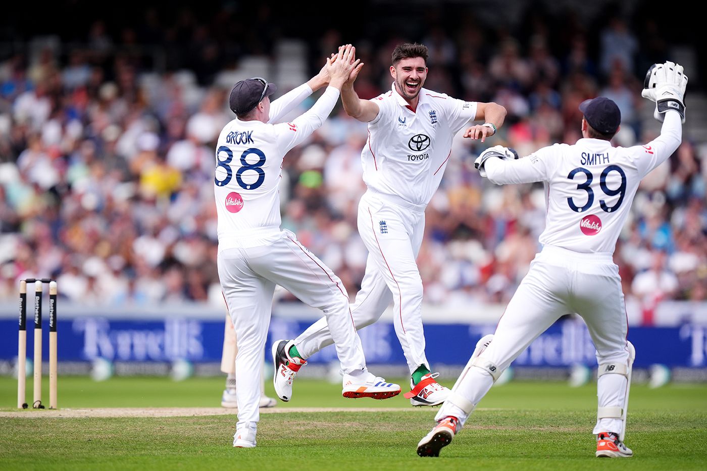 Josh Tongue celebrates dismissing Salman Agha