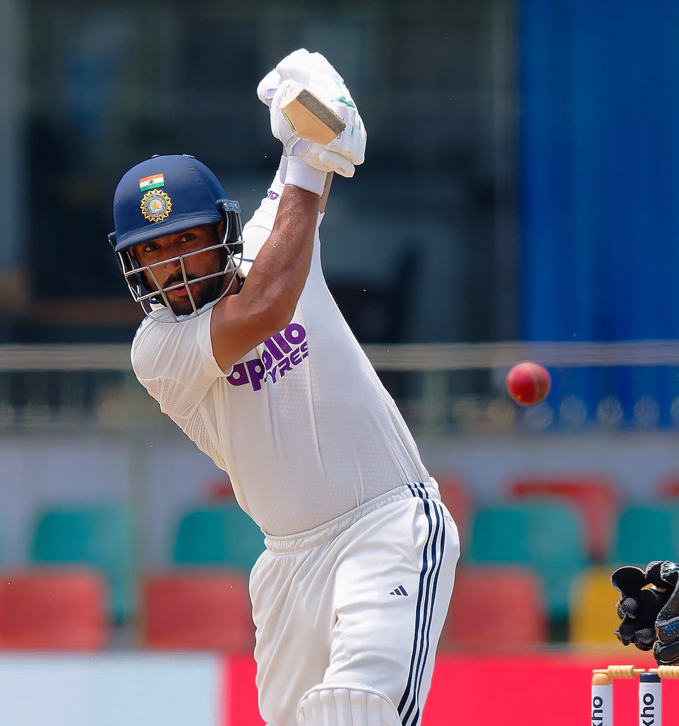 Dhruv Jurel punches the ball to the leg side