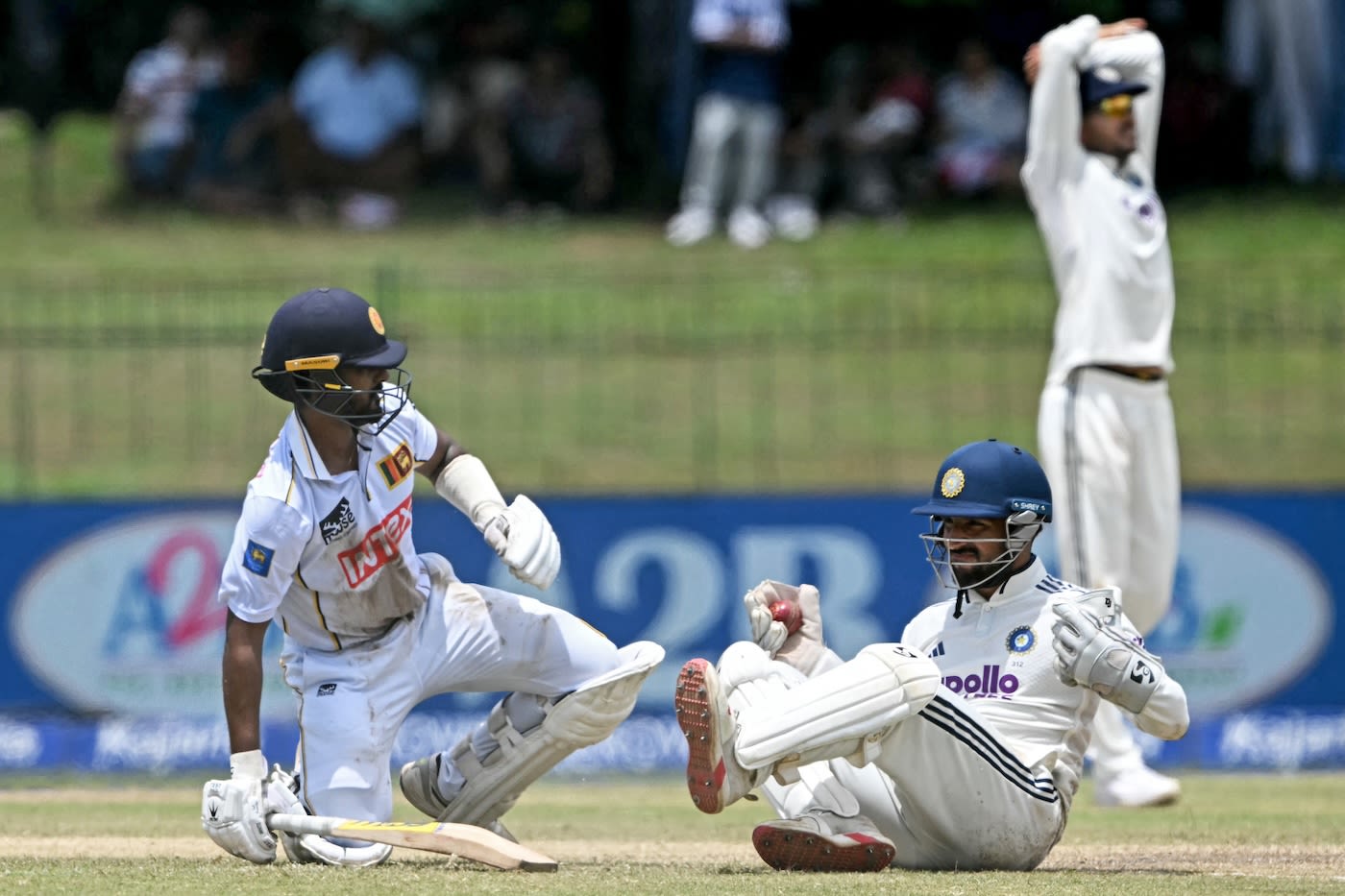 Pasindu Sooriyabandara made it before Dhruv Jurel could run him out
