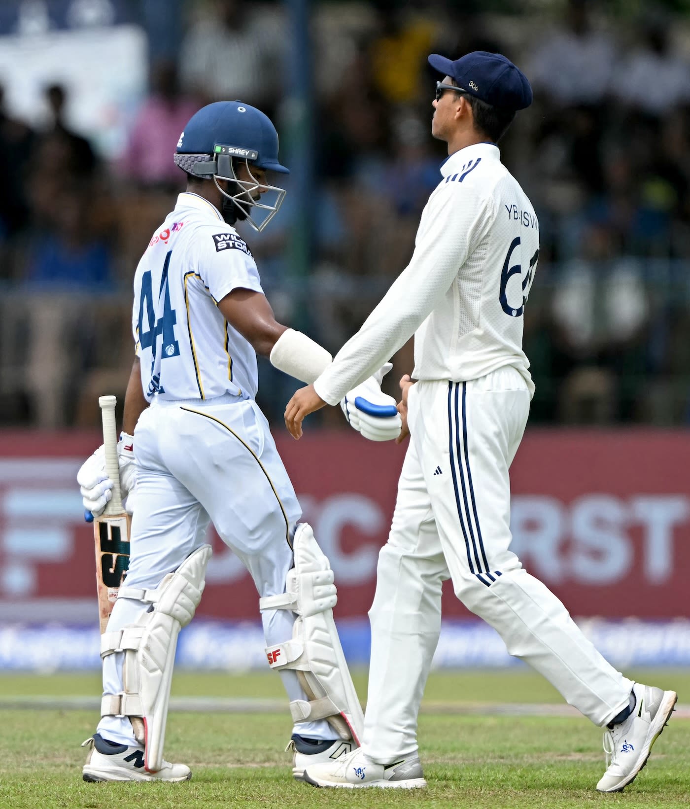 Yashasvi Jaiswal greets Sonal Dinusha after his dismissal