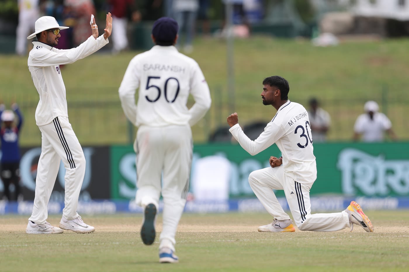 Manav Suthar celebrates Keshara Nuwantha's wicket