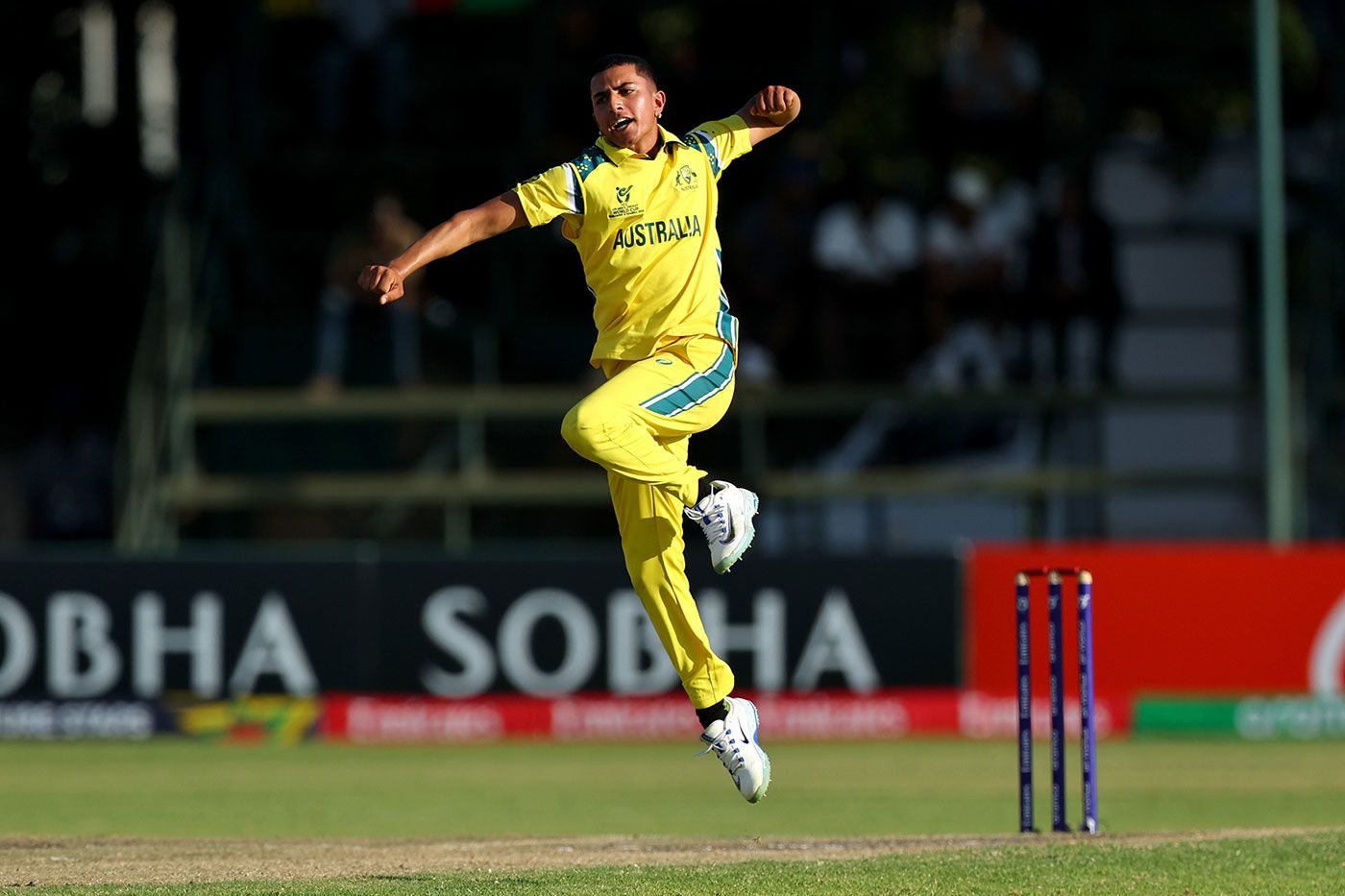 Aryan Sharma celebrates a wicket