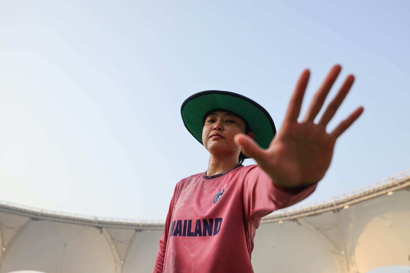 Wicketkeeper Nannapat Koncharoenkai breaks the fourth wall during training