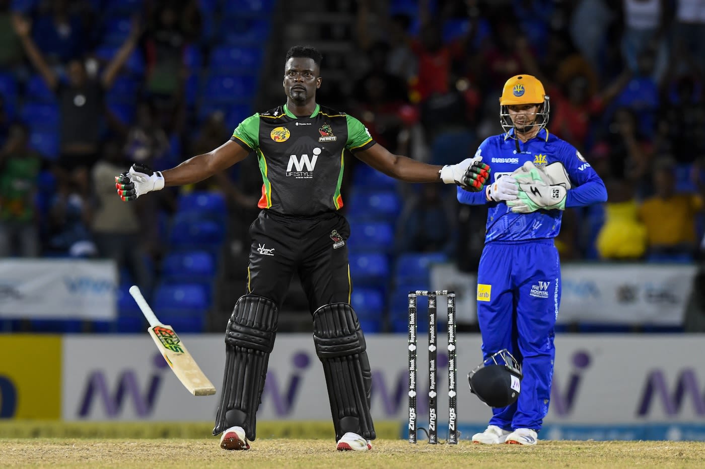 Andre Fletcher brings out his celebration after hitting the winning six