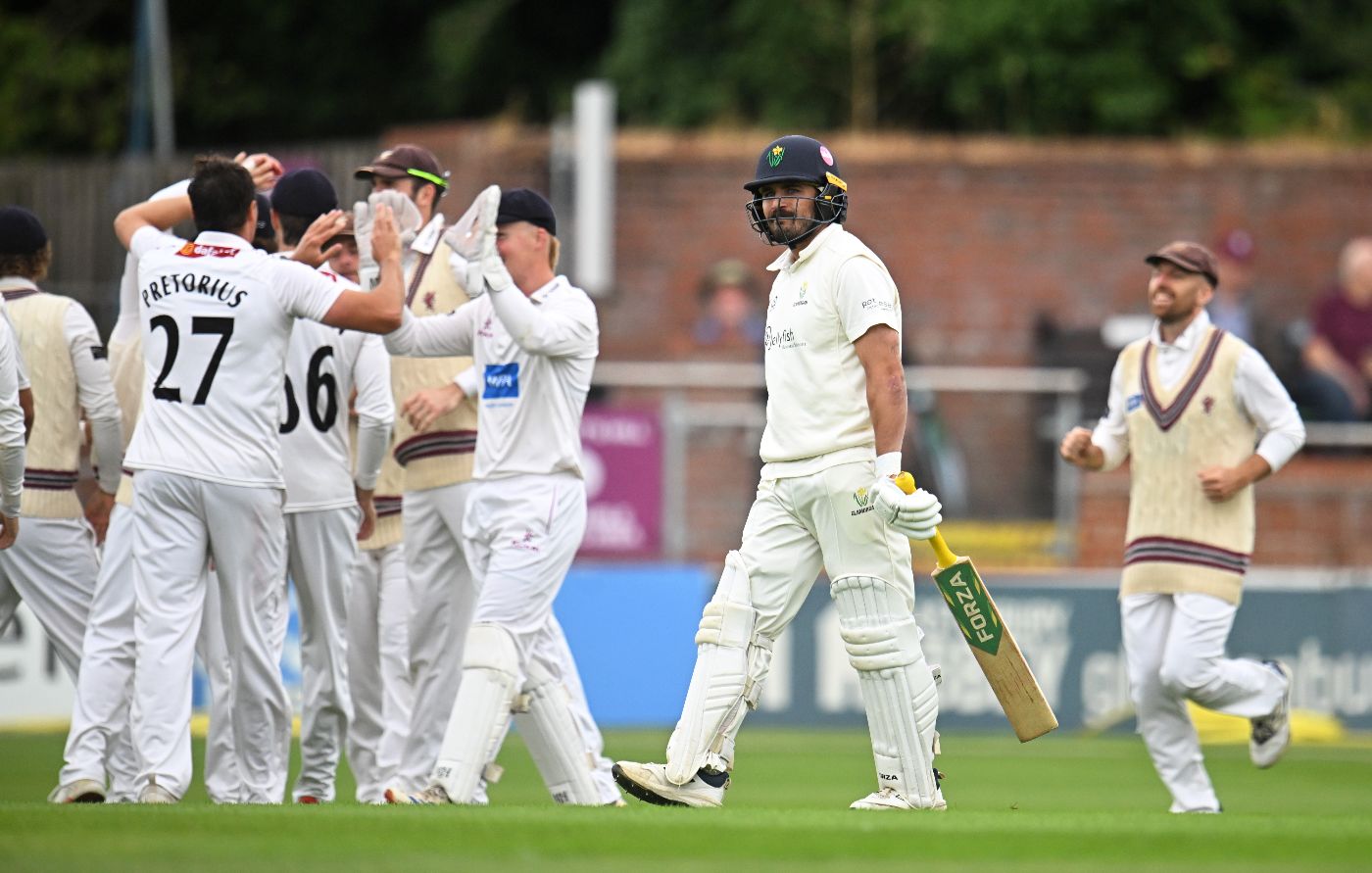 Kiran Carlson looks dejected as Glamorgan struggle on the first morning