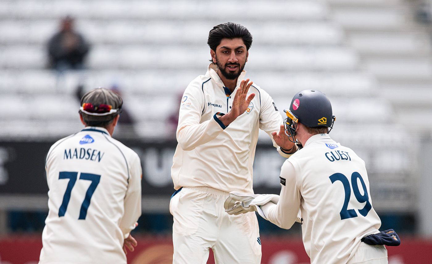 Shoaib Bashir celebrates a breakthrough