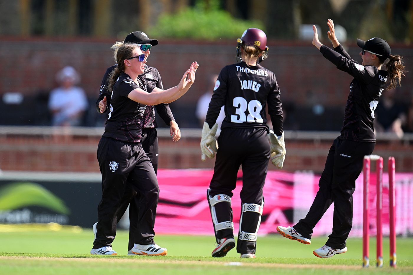 Chloe Skelton celebrates with her Somerset team-mates