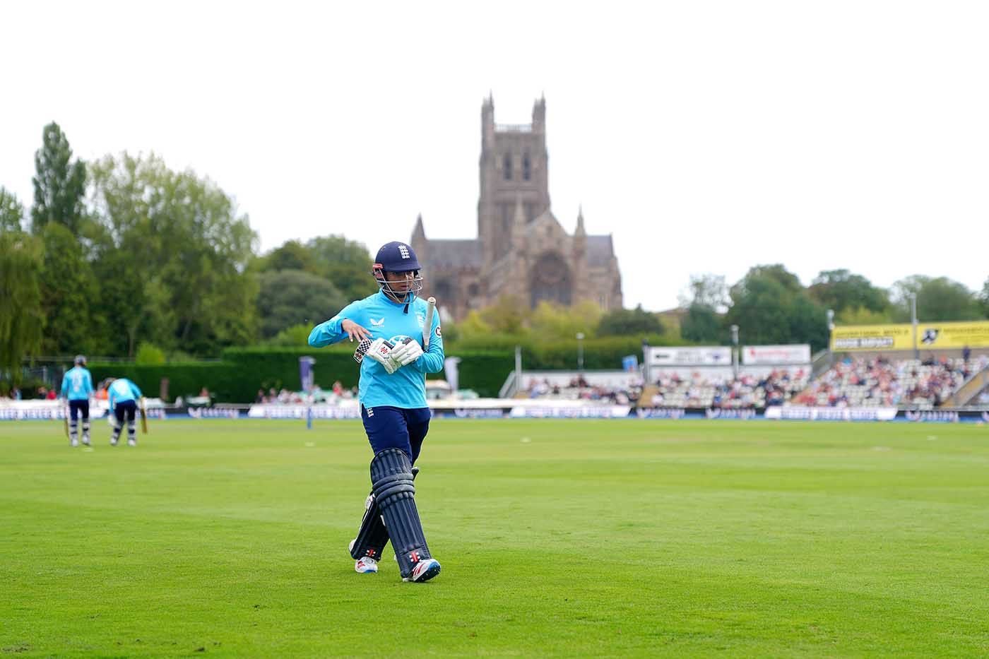 Sophia Dunkley leaves the field after being caught for 119