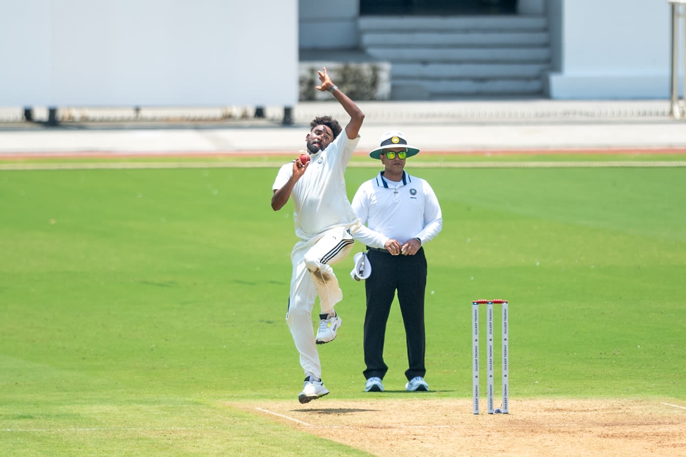 Mohammed Siraj bowls in the Duleep Trophy final