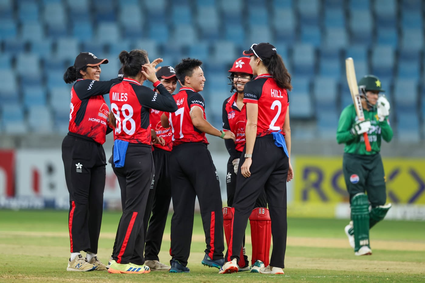 Kary Chan celebrates a wicket