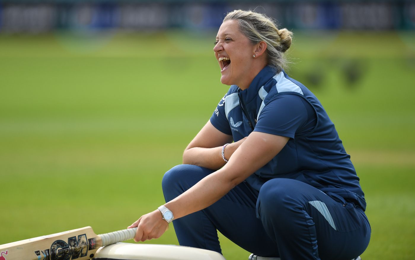 Sarah Taylor jokes during an England training session