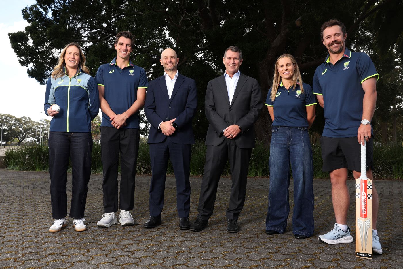 Ellyse Perry, Pat Cummins, Cricket Australia CEO Todd Greenberg, CA chair Mike Baird, Sophie Molineux and Travis Head announced the privatising of the BBL in Sydney