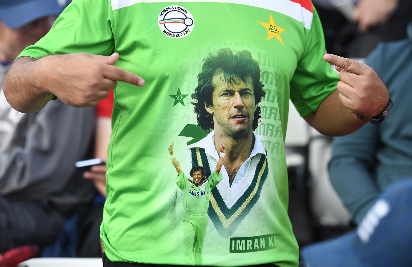 A Pakistan supporter wears an Imran Khan shirt at Edgbaston