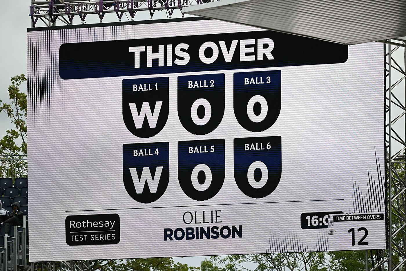 The big screen displays Ollie Robinson's double-wicket maiden