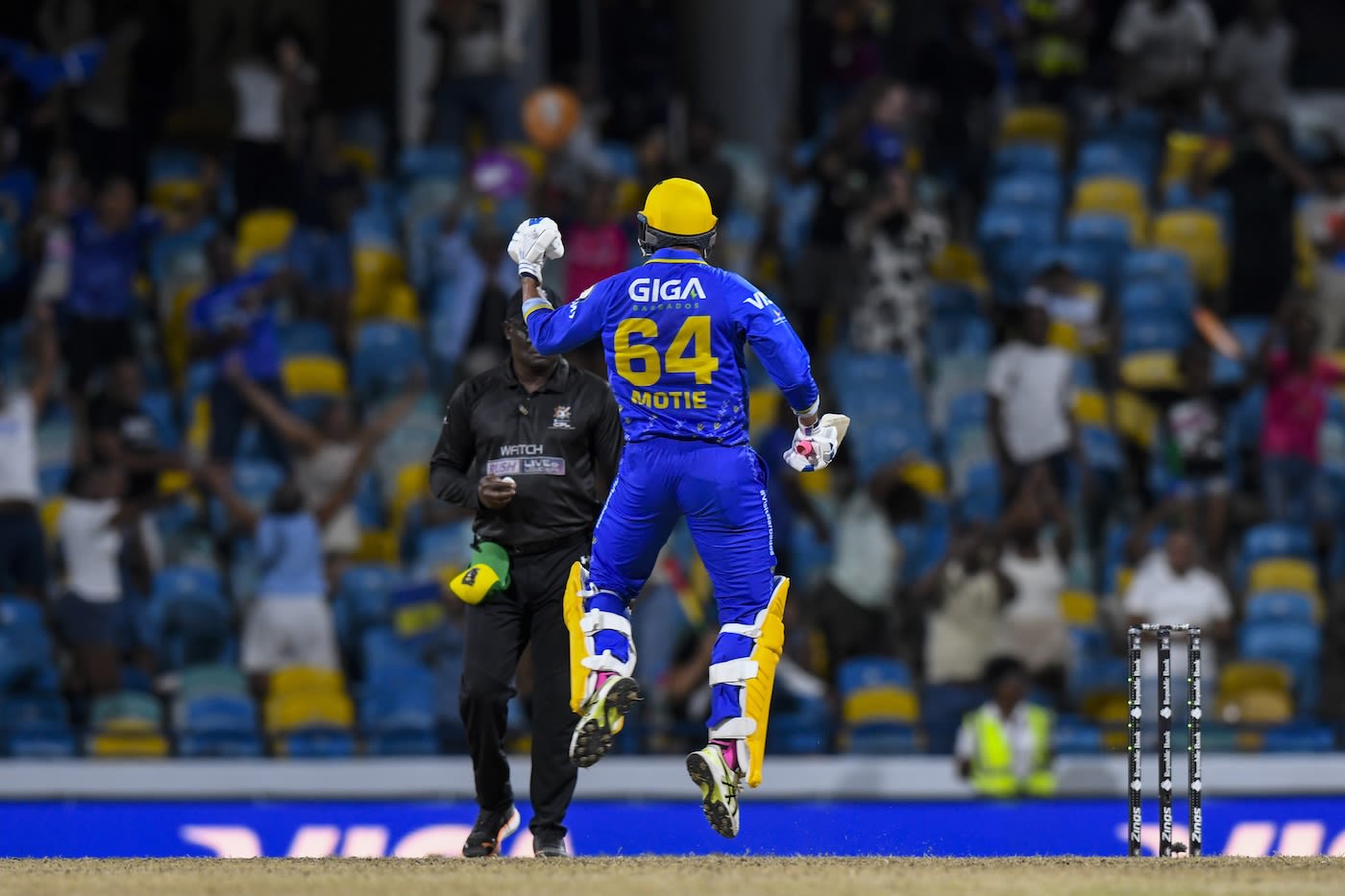 Gudakesh Motie celebrates after hitting the winning runs